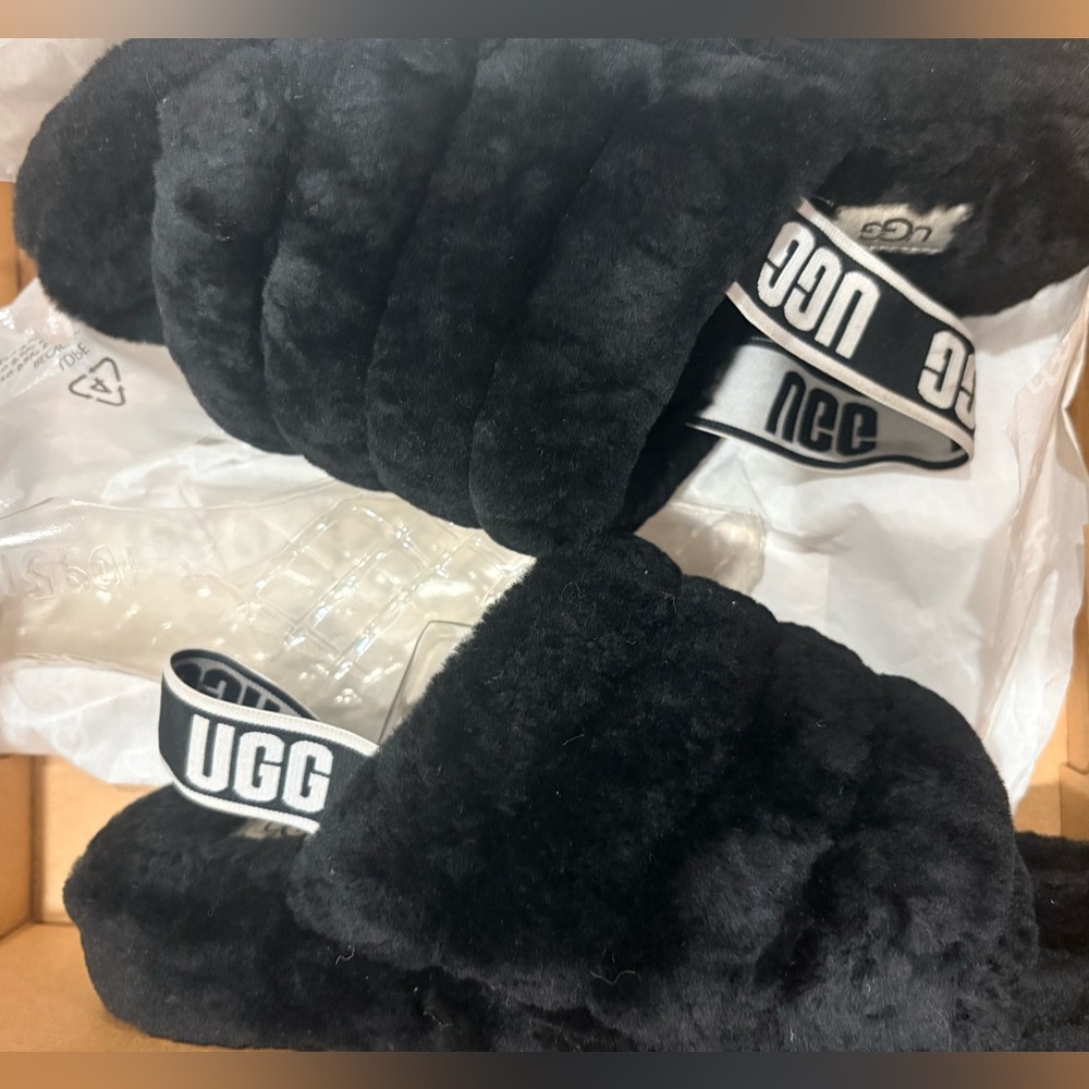UGG Black Fuzzy Slide Sandals with Branded Elastic Strap